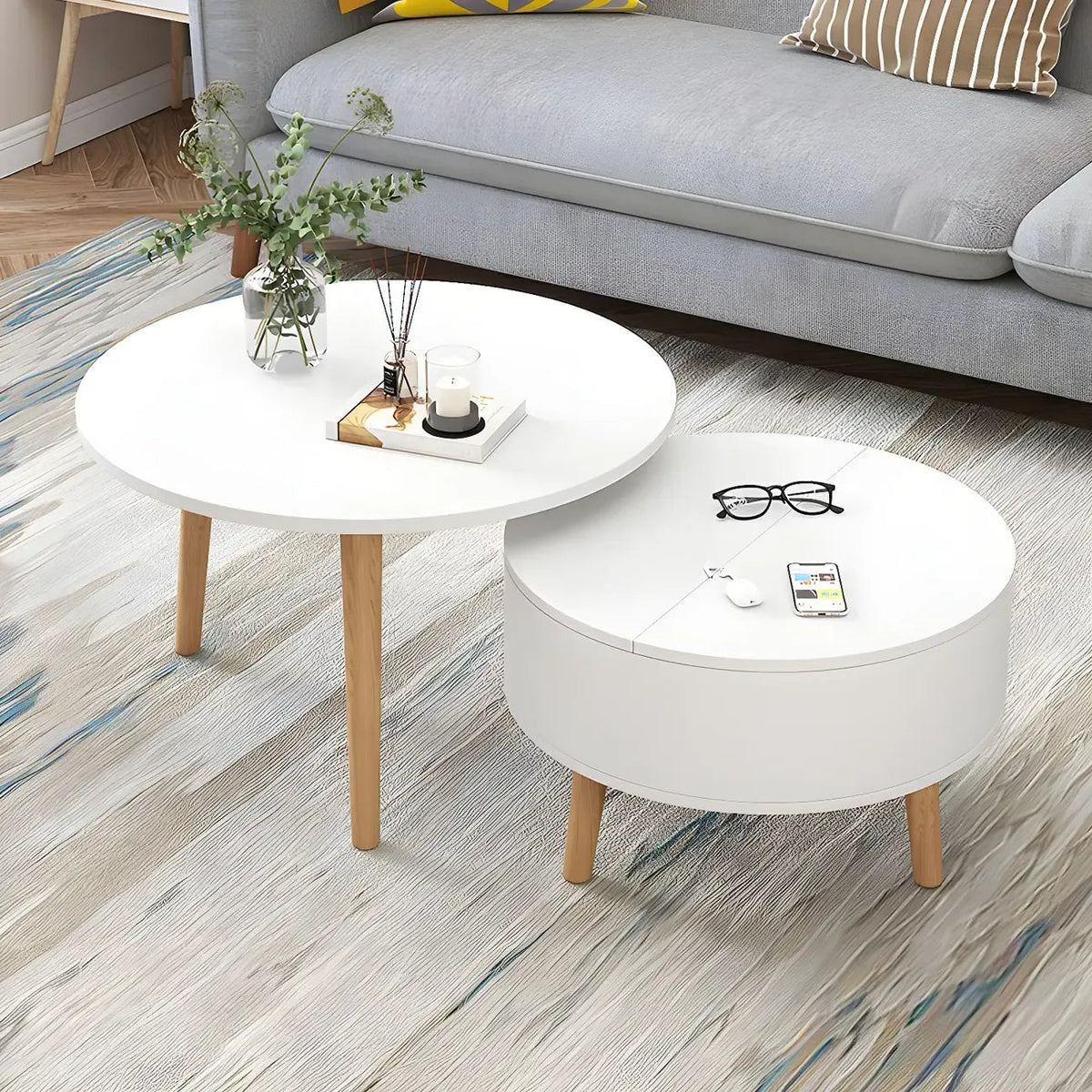 Black White Modern Round Wood Coffee Table with Storage