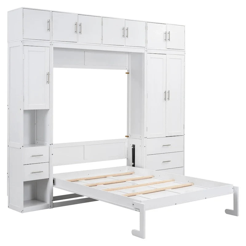 White Full Size Modern Murphy Bed with Drawers, Lockers, and Wardrobes