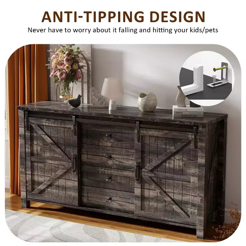 SinCiDo Farmhouse 60Dressing Table with Sliding Barn Door and 4 Drawers,Drawer Cabinet Living Room,Bedroom,Coffee Bar