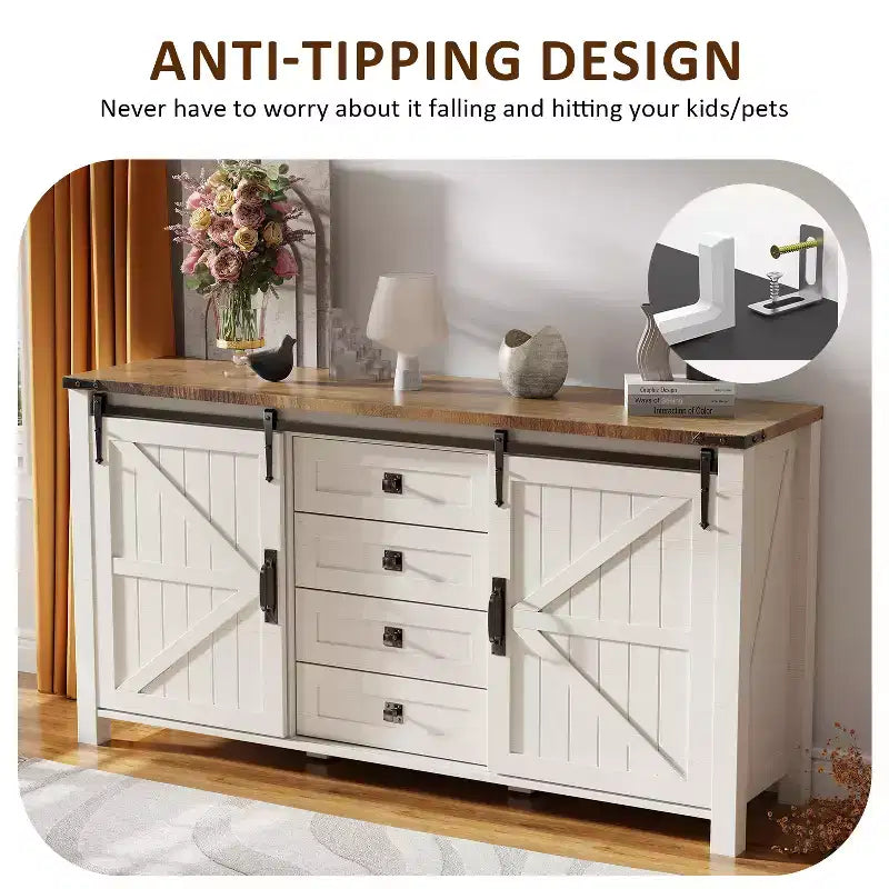 SinCiDo Farmhouse 60Dressing Table with Sliding Barn Door and 4 Drawers,Drawer Cabinet Living Room,Bedroom,Coffee Bar