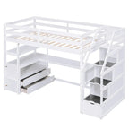 Twin Size Loft Bed with Desk and Shelves, Two Built-in Drawers, Storage Staircase