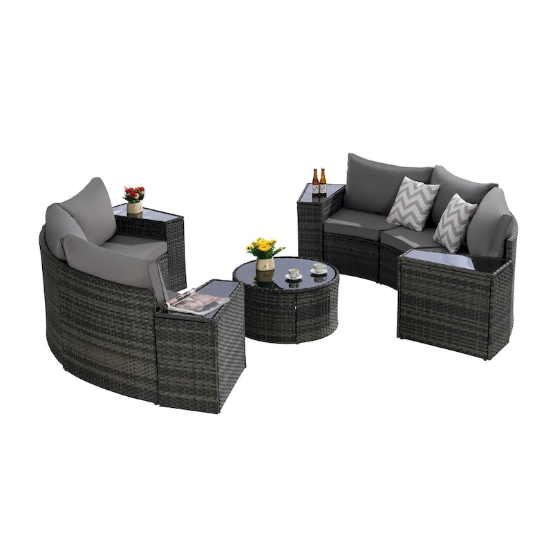 11-Piece Outdoor Half-Round Modular Sectional Sofa Set with Tempered Glass Coffee Table and 4 Side Table