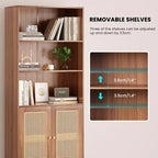 TUYOHW Tall Bookcase with Rattan Doors,5-Shelf Freestanding Storage Cabinet,Bookshelf for Living Room,Bedroom,Home Office