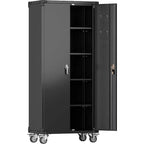 Garage Storage Cabinet with Wheels & Pegboard, 72 H Locking Metal Storage Cabinet with 2 Doors & 4 Adjustable Shelves for Garage Workshop