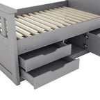 Twin/Full Size Captain Platform Bed with 4 Drawers and Storage Shelves, Solid Wood Bed Frame with Storage Bookcase Headboard