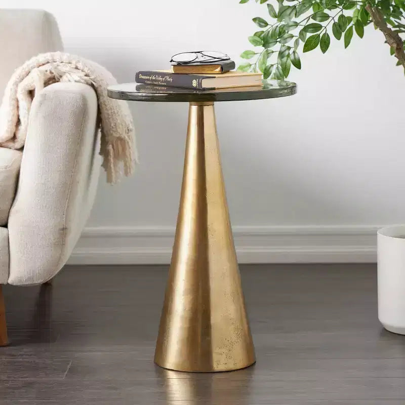 Aluminum Geometric Cone Accent Table with Textured Glass Tabletop 24 in