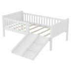Whisen Twin Size Low Loft Bed Frame for Kids with Slide, Movable Bookshelf Storage, Guardrails, Low Loft Bed Frame