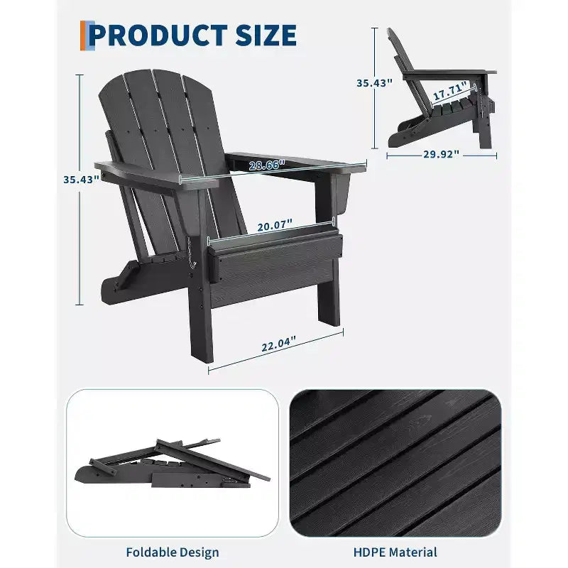 Folding Adirondack Chairs Set of 4 with 2 Side Tables, Modern Outdoor HDPE Chairs for Patio, Deck Balcony Backyard Lawn