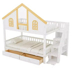 Whisen Twin Size Bunk Bed with Window Door and Roof, Storage Drawers and Staircase