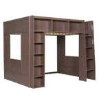 Whisen Queen Size Wooden Loft Bed Frame with Storage Cabinets and Shelves