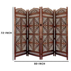 Benzara Traditional Four Panel Wooden Room Divider with Hand Carved Details Antique Brown
