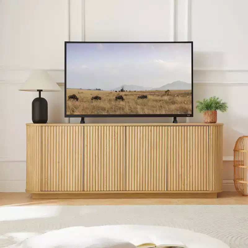 JVNOXK Sideboard Storage Cabinet TV Stand with wave pattern Buffet Cabinet Wooden Vertical Striped Cabinet for Kitchen/Bedroom/Entryway. Natural