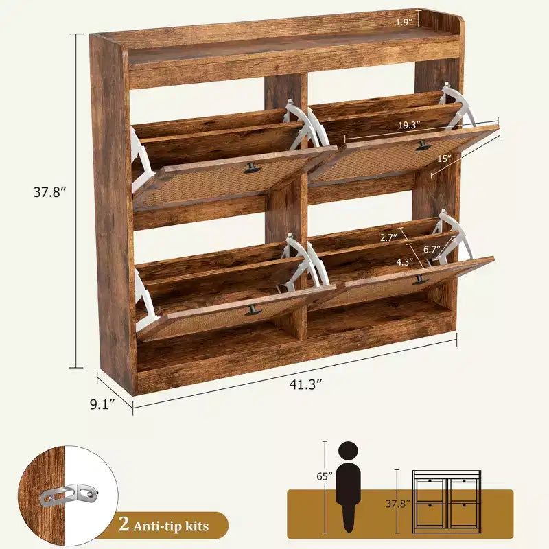 Shoe Storage Cabinet with 4 Flip Drawers, Wood Shoe Cabinet with Rattan Doors and Adjustable Shelves- Freestanding Shoe Organizer
