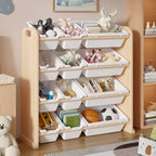 VECELO Kids Bookshelf Toy Storage with 12 Bins, Wooden Toy Rack for Toddlers, Large-Capacity Playroom Storage for Books or Toys