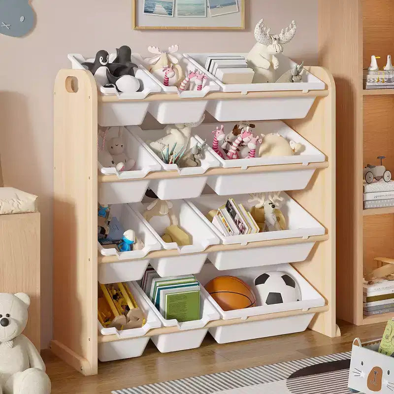 VECELO Kids Bookshelf Toy Storage with 12 Bins, Wooden Toy Rack for Toddlers, Large-Capacity Playroom Storage for Books or Toys