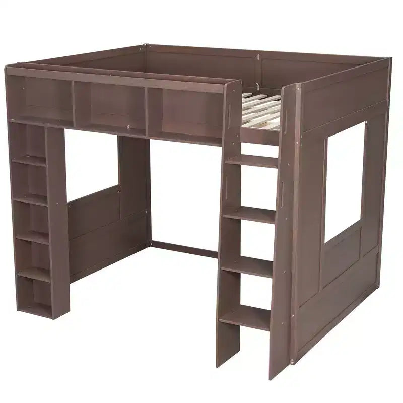 Whisen Queen Size Wooden Loft Bed Frame with Storage Cabinets and Shelves