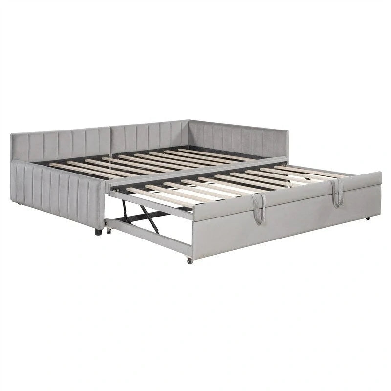 Upholstered Daybed with Twin Size Pop Up Trundle, Full Size Daybed Frame Sofa Bed with L-Shaped Backrest and Striped Design