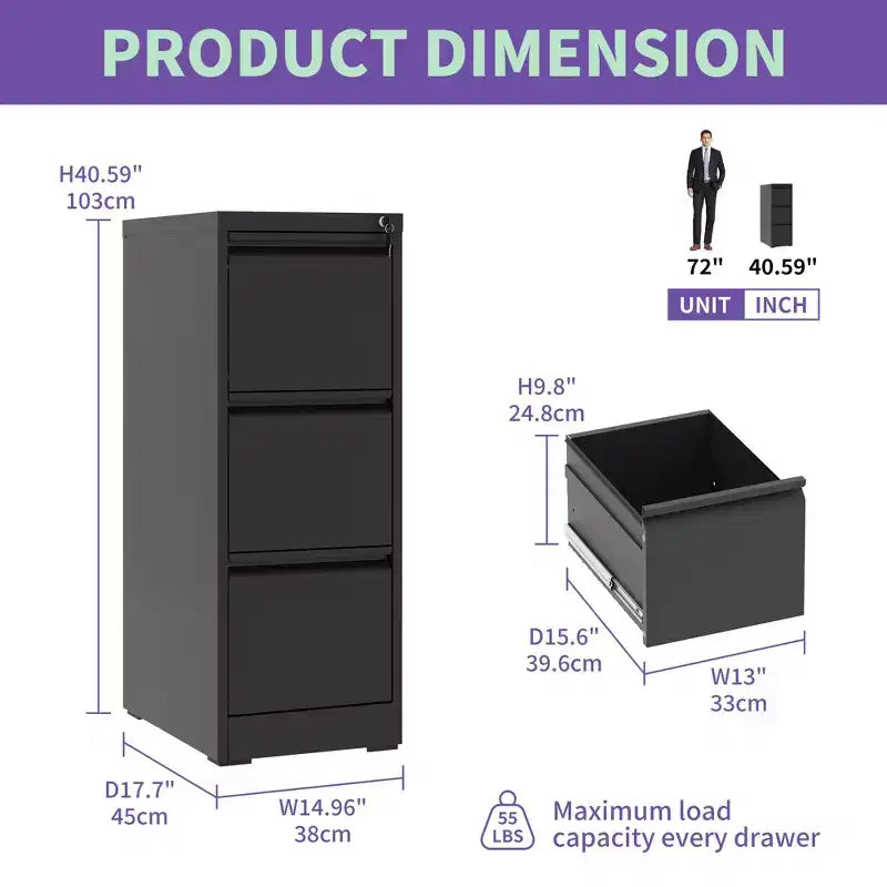 VIYET 52H 3-Drawer Metal Vertical File Cabinet with Lock,Steel Filing Cabinet for Home Office,Fits A4/Legal/Letter