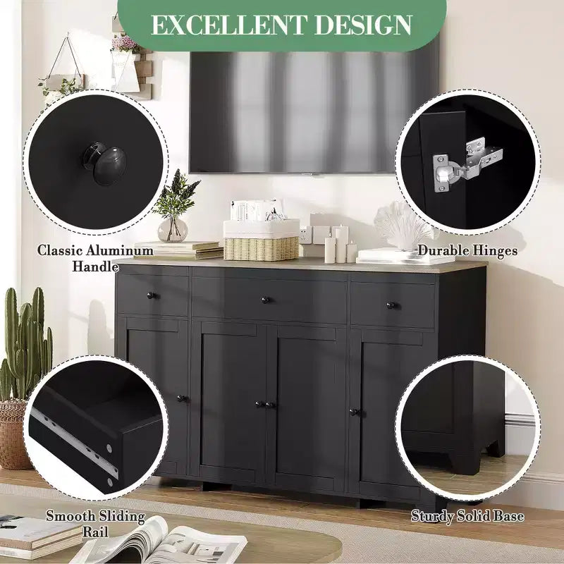 55 Sideboard Buffet Cabinet with 3 Drawers & 4 Doors, Adjustable Shelf Kitchen Storage Console for Dining Room Living Room