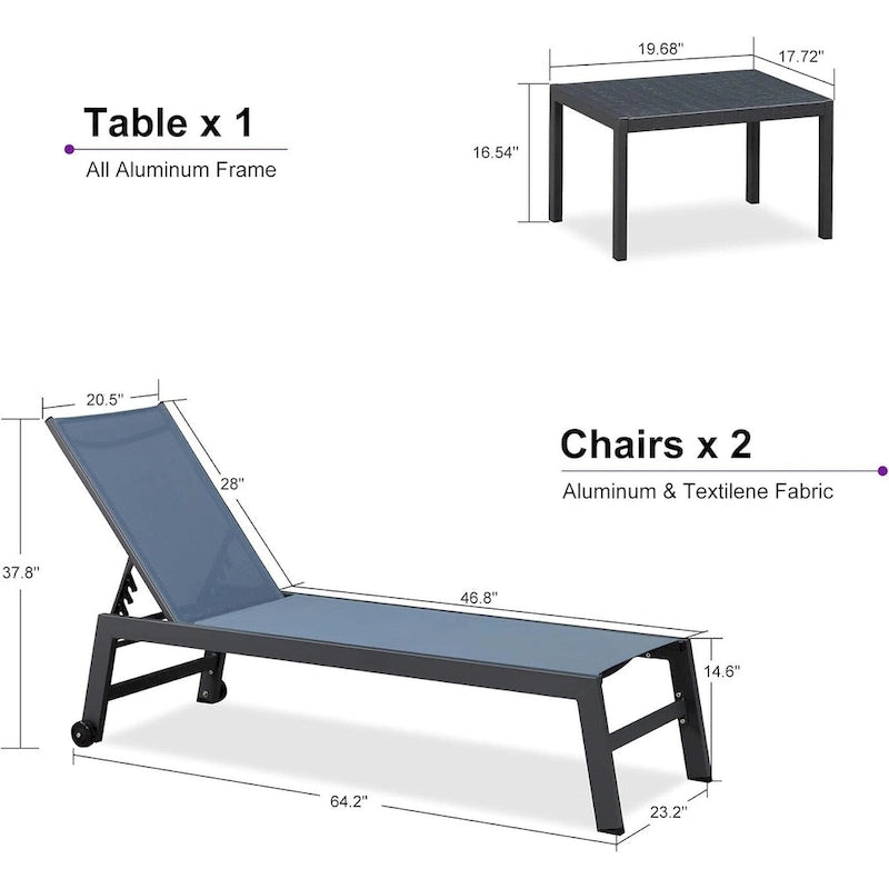 PURPLE LEAF Patio Chaise Lounge Set for 2 Outdoor Chaise Lounger Chair with Aluminum Frame