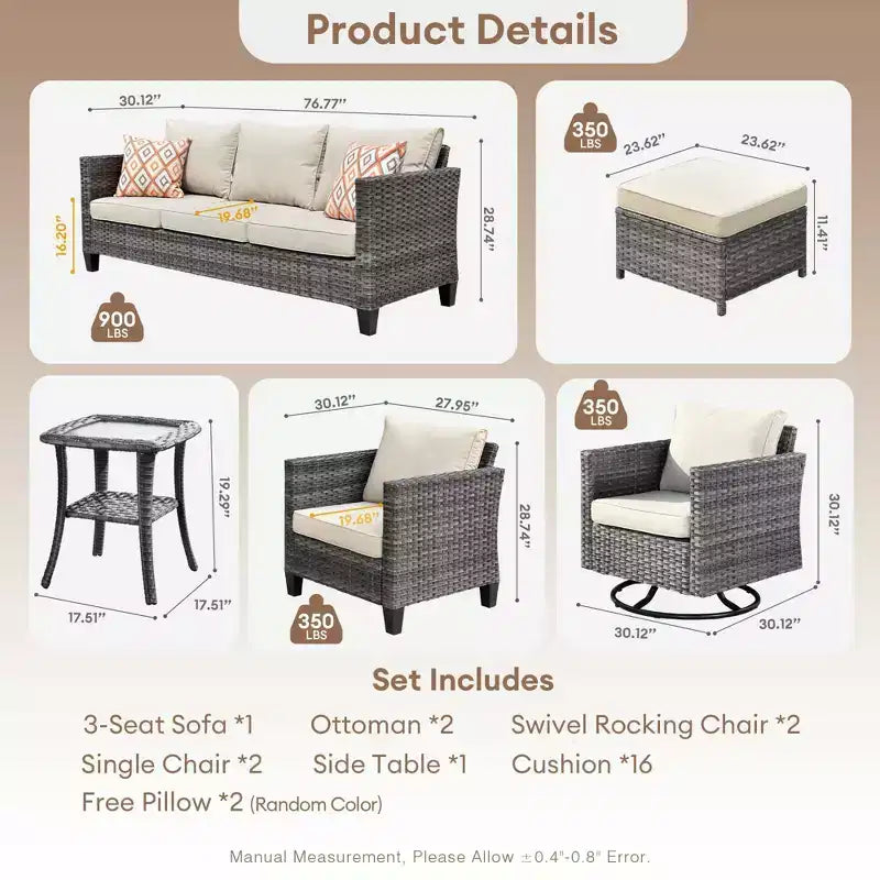 Ovios Tampa 8pc Wicker Outdoor Patio Furniture Conversation Sofa Set with Swivel Chairs and Cushions