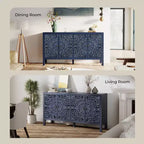 Buffet Cabinet with Storage, Distressed Storage Cabinet with 4 Carved Doors and Adjustable Shelf, Wooden Accent Sideboard Buffet Cabinets