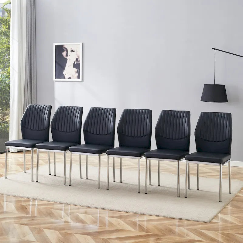 Luxury Simple Chair Set of 6 PU High Resilience Dining Chair with Metal Silver Leg Kitchen Armless Side Chair