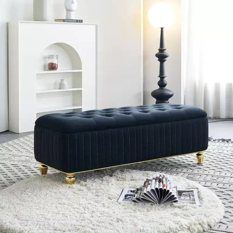 Okak Modern Luxury Flip Top Deep Button Ottoman Bench with Gold Decor & Metal Legs,Upholstered Storage Bench for Living Room,Bedroom