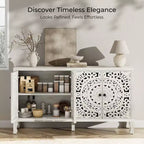Buffet Cabinet with Storage, Distressed Storage Cabinet with 4 Carved Doors and Adjustable Shelf, Wooden Accent Sideboard Buffet Cabinets