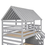 Whisen Twin over Twin House Bunk Bed with Trundle and Slide, Storage Staircase, Roof and Window Design