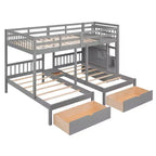 Whisen Full Over Twin & Twin Bunk Bed, Wood Triple Bunk Bed with Drawers and Guardrails