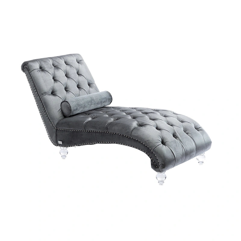 Button-Tufted Upholstered Velvet Recliner Chaise with Pillow and Acrylic Feet