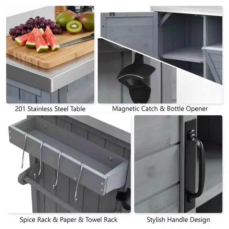 Outdoor Kitchen Island with Foldable Side Table,Outdoor Grill Cart with Stainless Steel Top,Hidden Trash Cabinet for Lawn & Garden