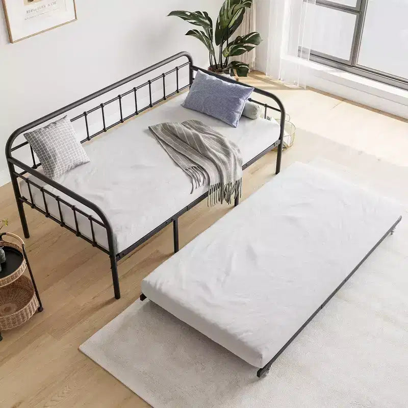 MAYEERTY Twin Size Metal Daybed Frame with Trundle, Heavy Duty Sofa Bed Platform, No Box Spring Needed, Black