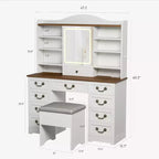 10-Drawer Vanity Desk with Mirror, Walnut Finish with 10 Shelves and Stool, for Bedroom, Easy Assembly