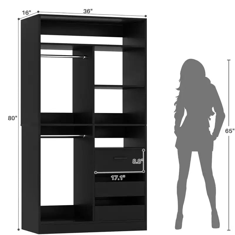 Closet Organizer with Wood Drawers, Freestanding Closet System with Hanging Rods
