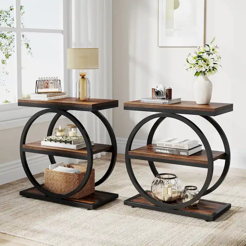 Narrow End Table with 3 Storage Shelves, Wood Side Table for Living Room