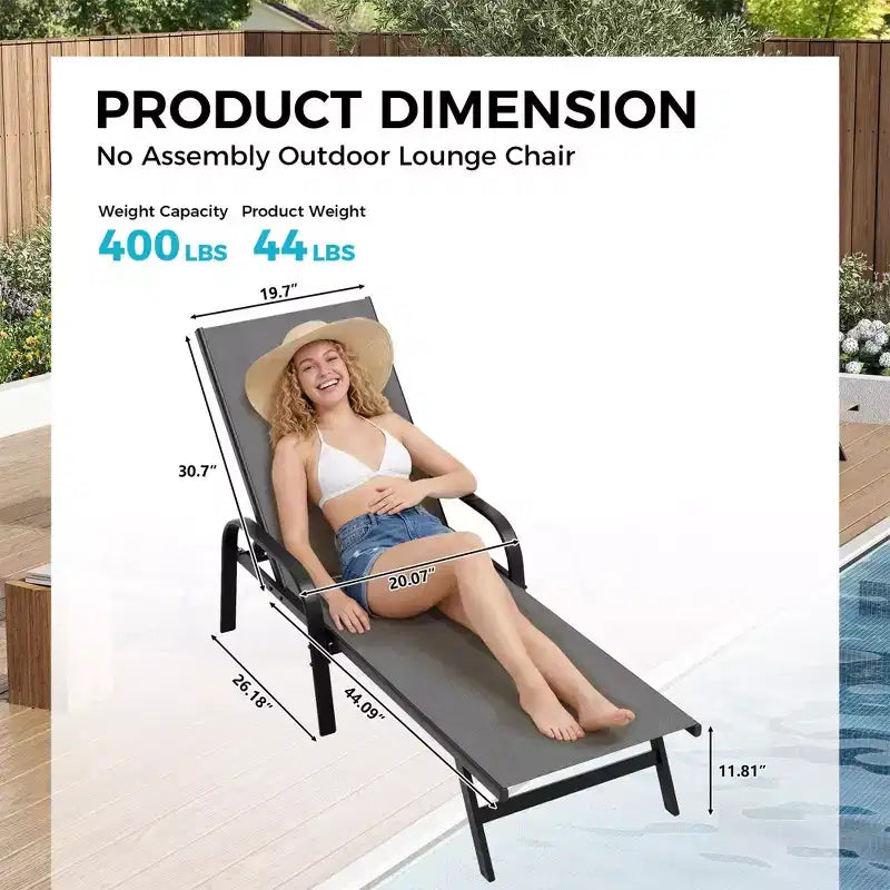 Outdoor Lounge Chair Set of 2  5-Position Adjustable Recliner, Textilene Fabric, 76 Pool Chaise for Patio, Garden & Poolside