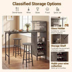 Costway 3 PCS Bar Table and Chairs Set Industrial Pub Table & Stools with Bottle Wine Rack Brown/Oak