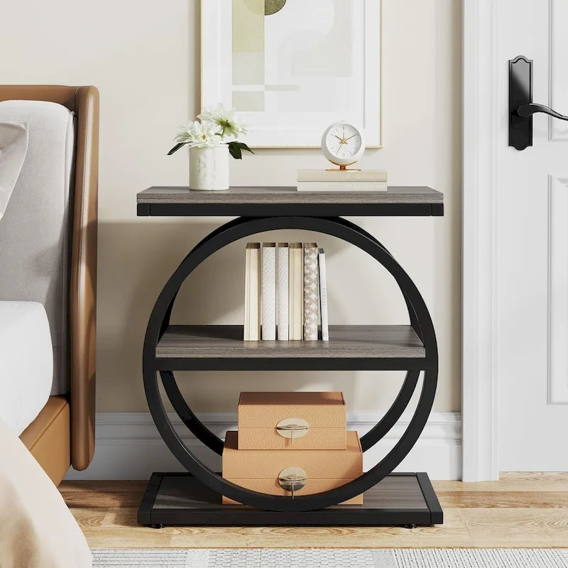 Narrow End Table with 3 Storage Shelves, Wood Side Table for Living Room