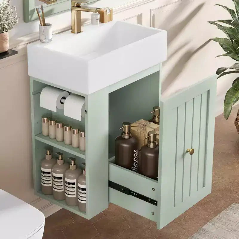 Bathroom Vanity with Ceramic Sink, MDF Storage Drawer, Side Shelf & Golden Handle