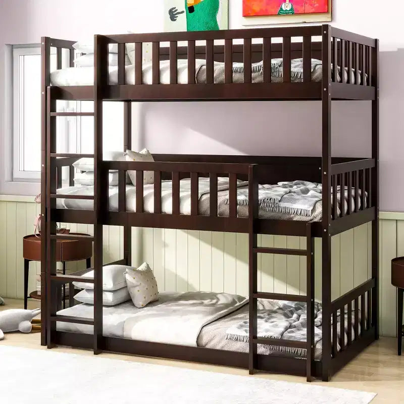 Triple Twin Bunk for Kids, Twin over Twin over Twin Detachable Bunk Bed with Ladder and Guardrail, Separate into 3 Beds