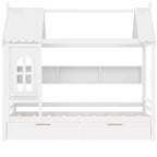 House Platform Bed with Storage Drawers and Window, Solid Wood Frame with Shelves, Childlike Fun Design, Light White