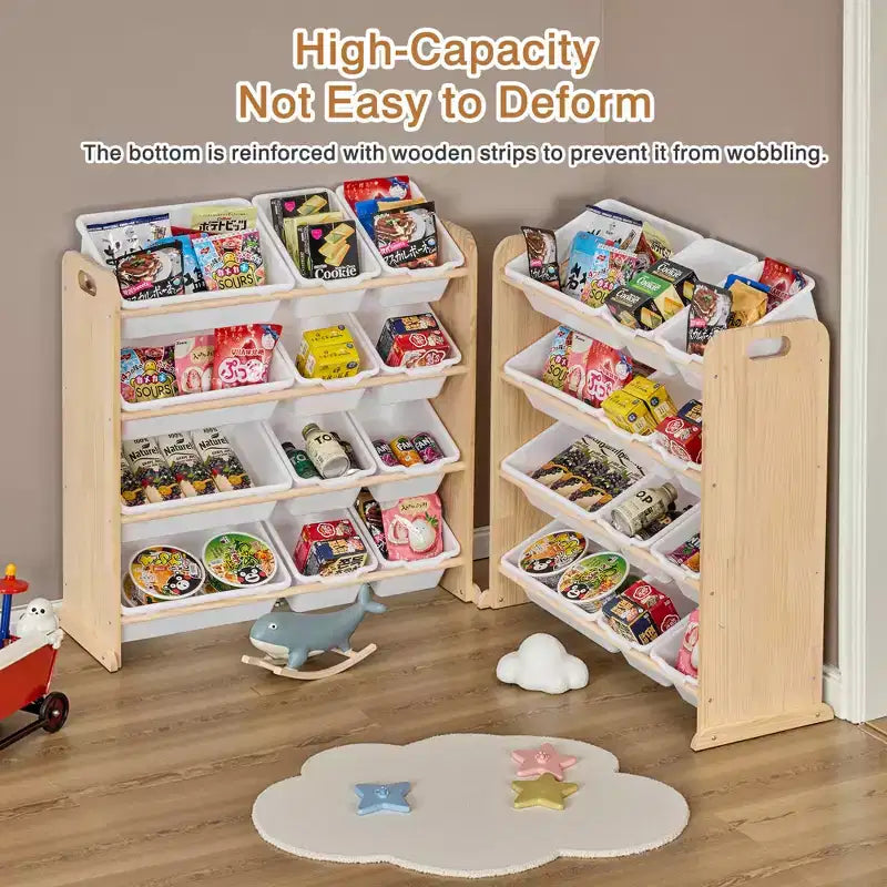 VECELO Kids Bookshelf Toy Storage with 12 Bins, Wooden Toy Rack for Toddlers, Large-Capacity Playroom Storage for Books or Toys