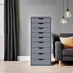 Narrow Wooden 9-Drawer Cabinet with Smooth-Glide Drawers and Top Storage Shelf