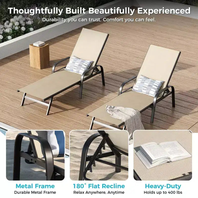Outdoor Lounge Chair Set of 2  5-Position Adjustable Recliner, Textilene Fabric, 76 Pool Chaise for Patio, Garden & Poolside