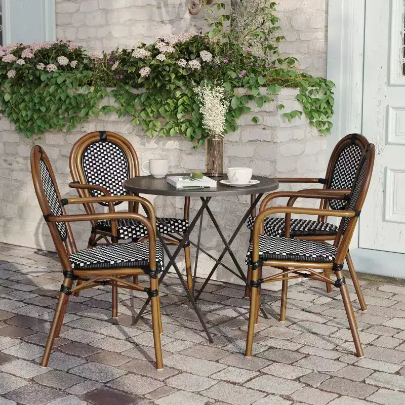 Flash Furniture 4 Pack Lourdes Indoor/Outdoor Commercial Thonet Bistro Stacking Chair with Arms, PE Rattan and Aluminum Frame