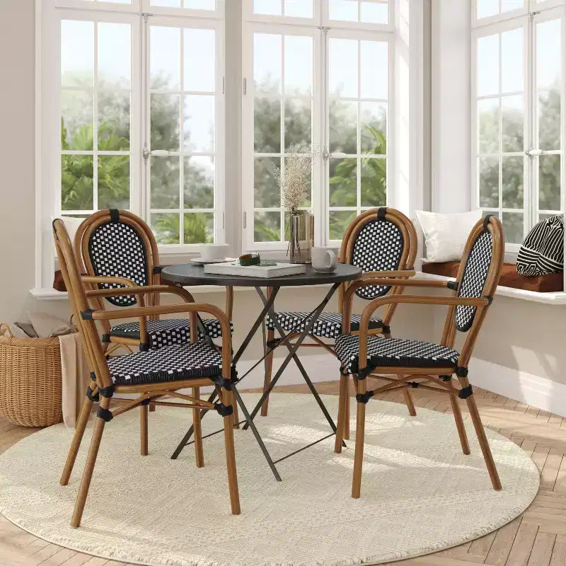 Flash Furniture 4 Pack Lourdes Indoor/Outdoor Commercial Thonet Bistro Stacking Chair with Arms, PE Rattan and Aluminum Frame