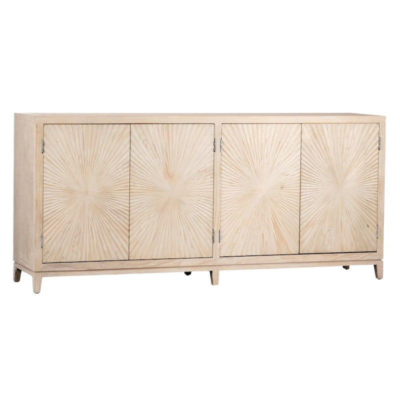 Isabelle 79-inch Pine Light Wash 4-Door Sideboard with Hand Carved Burst Pattern Door Fronts