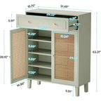 Lantine 6-Tier Modern Boho Shoe Cabinet with Doors, Drawer and Adjustable Shelf. Rattan design, mint green. Ideal for entryway, living room.